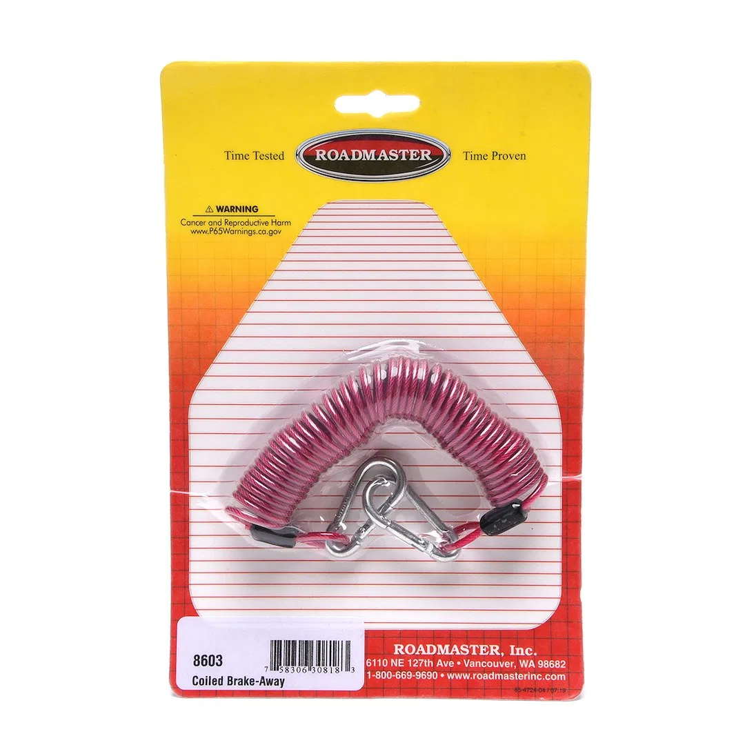 8603 – ROADMASTER Trailer Safety Cable, Extends To 8 Foot With Snap Hook Single Red Plastic Coated Coiled Type